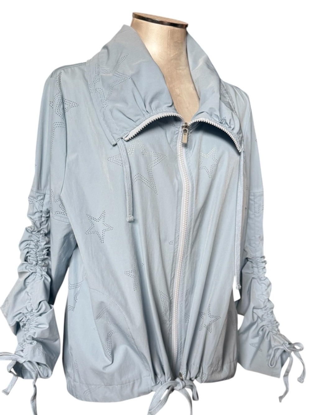 Nanette Lepore Lt Blue Star-Perforation Drawstring Lightweight Bomber Jacket L